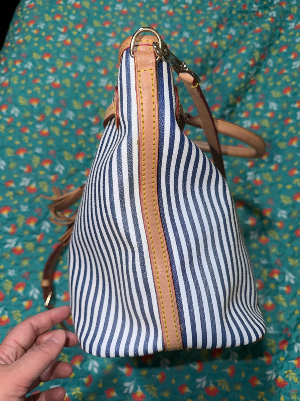 Dooney & Bourke Navy and White Stripe Tote with Tan Trim - Picture 5 of 16